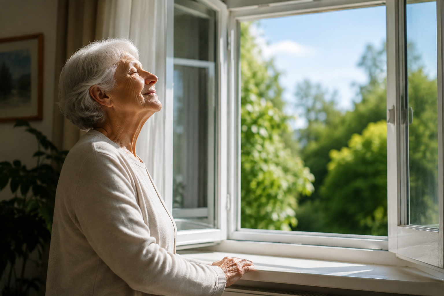 Een oudere vrouw staat voor een open raam. Ze snuift de gezonde buitenlucht op.