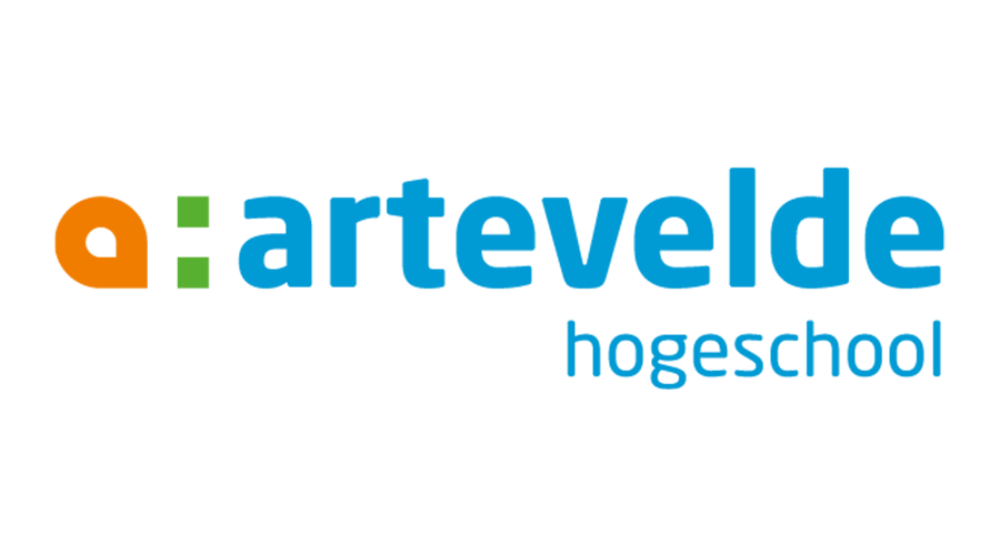 Een oranje locatiesymbool, gevolgd door een groende dubbele punt en in het blauw 'Artevelde hogeschool'
