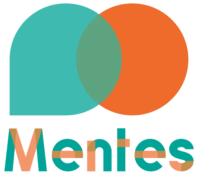 Een groen en oranje logo van Mentes. Boven de letters staan een oranje cirkel en een groene druppen die in elkaar overlopen.