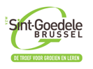 Zwarte letters op een witte achtergrond met de tekst 'Sint-Goedele Brussel'. De descriptor zijn witte letters op een groende achtergrond met de tekst 'De troef voor groeien en leren'