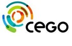 Zwarte letters op een witte achtergrond met de tekst: 'CEGO'. Linksboven de letters staat een kleurige ronde figuur