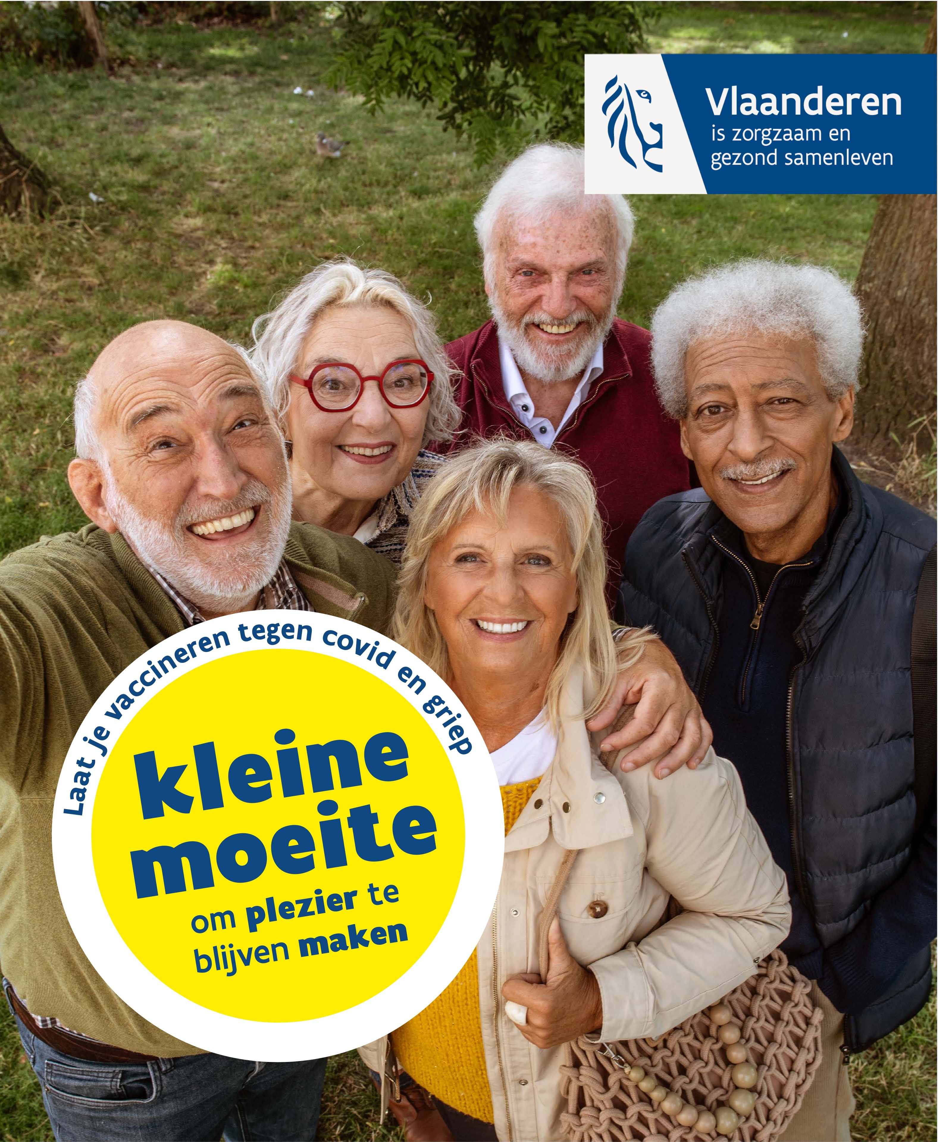 De campagne affiche van de Vlaamse overheid om je te laten vaccineren tegen griep en Covid.