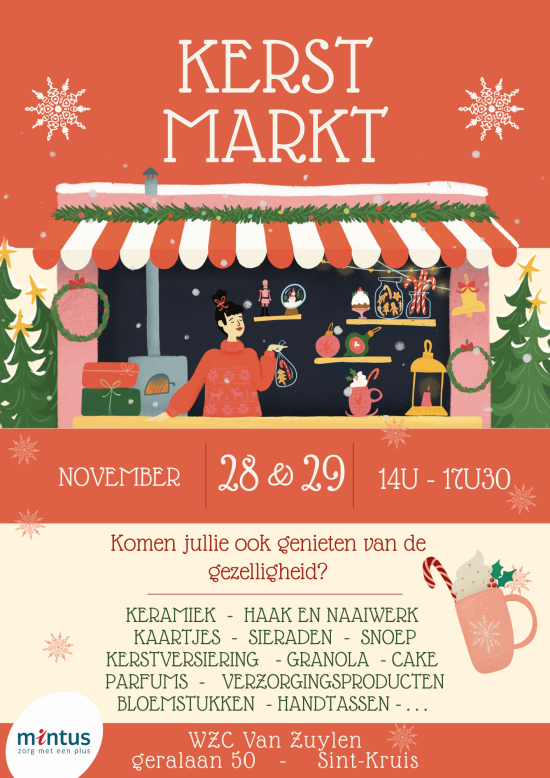 Een flyer van de kerstmarkt in Van Zuylen. Op de tekening staat een kerststalletje met deen figuurtje die kerstspullen verkoopt.