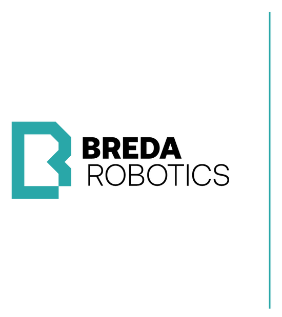 Het logo van Breda Robotics waarbij de naam links geflankeerd wordt door een grote groene letter B.